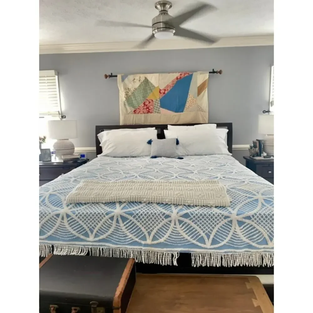 Vintage Blue White Chenille Bedspread 90x96 Full Queen Cottagecore Shabby Chic